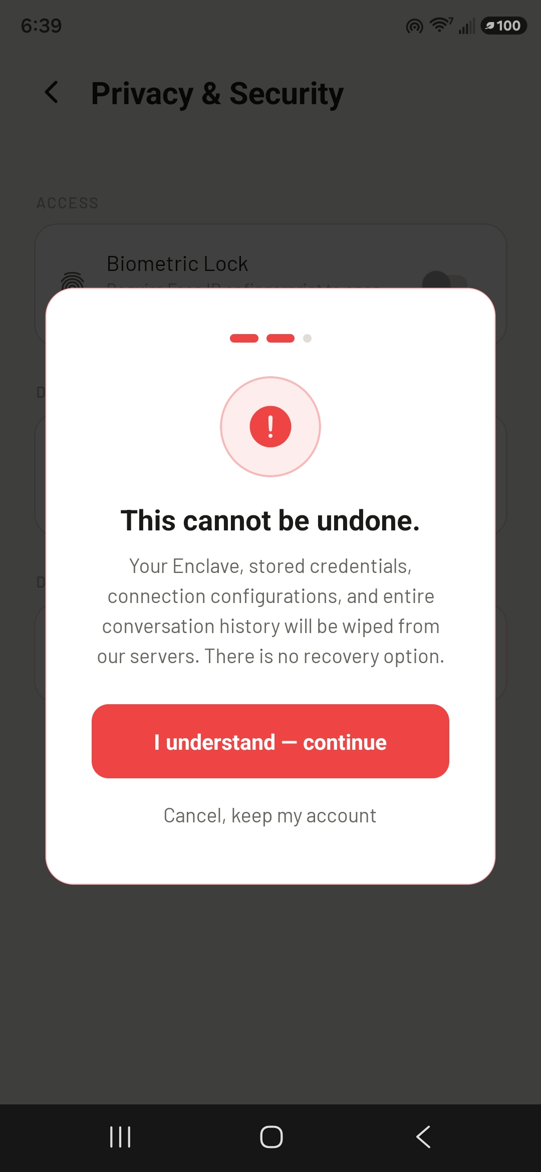 Confirmation screen warning that deleting your account cannot be undone