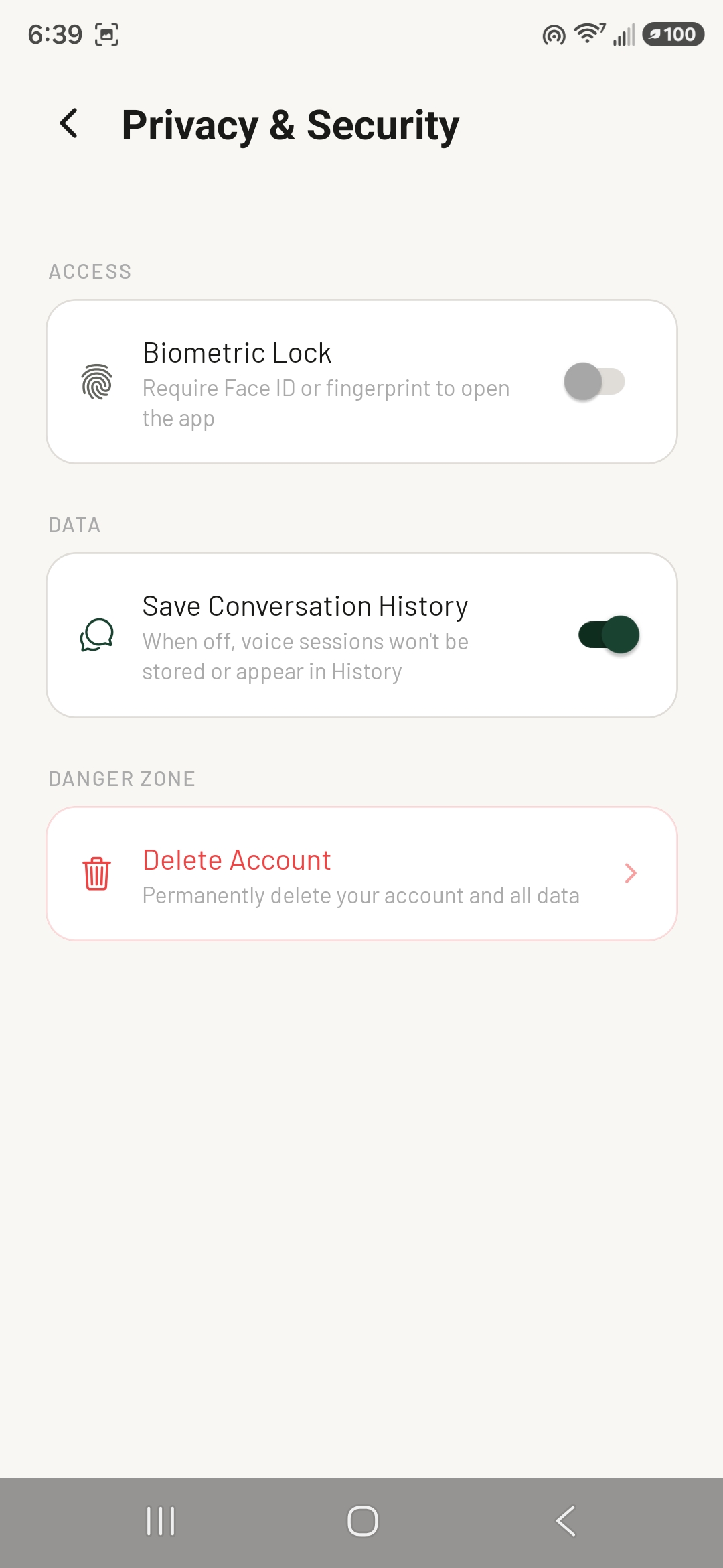 Maven Privacy & Security settings screen with the Delete Account option under Danger Zone